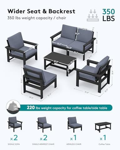 SERWALL HDPE Patio Conversation Set, 6-Piece Sectional Outdoor Furniture Set, All Weather Outdoor Couch Set Patio Furniture Set for Deck, Lawn, Black Frame with Grey Cushion - Image 2