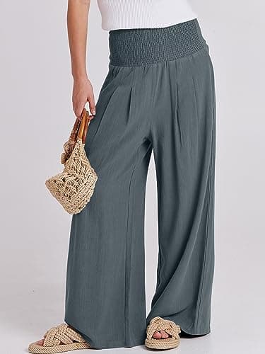 ANRABESS Women Linen Palazzo Pants Summer Boho Wide Leg High Waist Casual Lounge Pant 2025 Beach Travel Vacation Outfits Grey Small - Image 2
