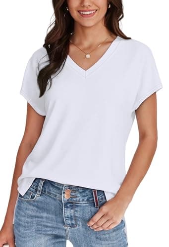 WIHOLL Womens Tops Cap Sleeve Basic Summer T Shirts V Neck Flowy Loose Fit Casual Business Work 2025 Spring Clothes Trendy Travel Holiday Outfits Plain Tee Blouses Dressy White M - Image 2