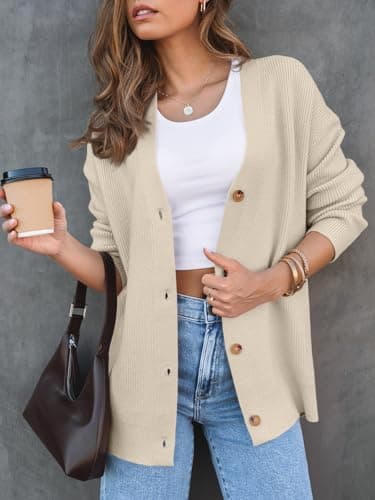 LILLUSORY Women Oversized Cardigan Sweater 2025 Fall Outfits Cloth Fashion V Neck Knit Button Front Casual Trendy Tops Apricot Medium - Image 2