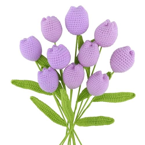 Veryhome 10Pcs Artificial Flowers Crochet Flowers Completed Handmade Tulip for Home Decoration and Valentine's Day Mother's Day Birthday Wedding Gift, Purple - Image 1