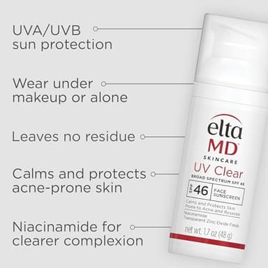 EltaMD UV Clear Face Sunscreen SPF 46, Oil Free for Face with Zinc Oxide, Dermatologist Recommended Sunscreen Lotion, For Acne-Prone Sensitive Skin, 1.7 oz Pump - Image 3