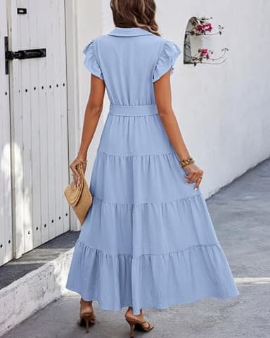 dowerme Ladies Dress 2025 Ruffle Cap Sleeve Button Down V Neck Tie Waist Plain Pleated Tiered Boho Flowy A-Line Dresses(Sky Blue,Medium) - Image 5