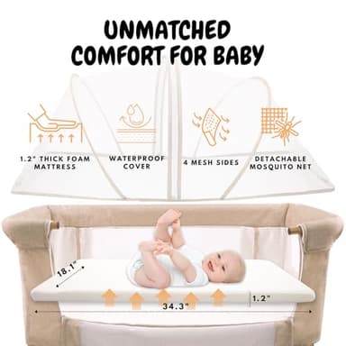 Bassinet Bedside Sleeper for Baby 6 Months, Convertible Cosleeping Baby Bed Attach to Bed with Wheels, Mattress, Storage Diaper Caddy, 6 Adjustable Height, Breathable Mesh Drop Down Side, Gold - Image 4
