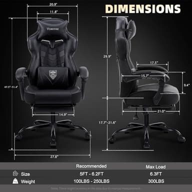 Vonesse Gaming Chair, Computer Chair with Footrest and Massage, Big and Tall High Back Gamer Chair, Reclining Gaming Chairs for Adults (Classic Black) - Image 2