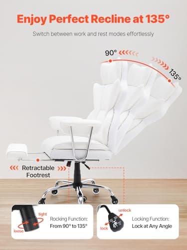 VEVOR Reclining Office Chair with Footrest, Heavy Duty PU Leather Oversize Office Chair, Big and Tall Executive Office Chairs with Lumbar Support, Strong Metal Base Quiet Wheels, White - Image 5