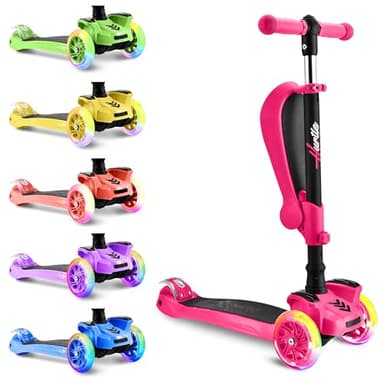Hurtle 3 Wheeled Scooter for Kids - 2-in-1 Sit/Stand Child Toddlers Toy Kick Scooters w/ Flip-out Seat, Adjustable Height, Wide Deck, Flashing Wheel Lights, For Boys/Girls 1 Year Old+ (Pink) - Image 2