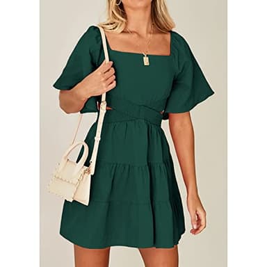 Shy Velvet Womens Square Neck Criss Cross Pleated Flowy Dress Solid Color Backless Cut Out Summer Mini Dresses - Image 4