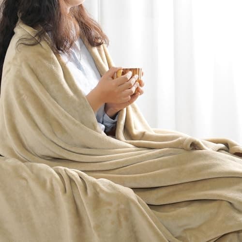 David's Home Soft Fleece Blanket Queen Size, 300GSM Warm Comfy for Fall Winter, Cozy Plush Lightweight Fuzzy Blanket for Bed, Couch, Sofa, Travel, Office, Chirstmas Gift for Women,Khaki,90x90 inches - Image 1