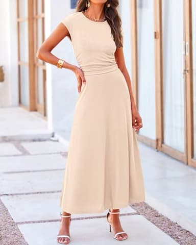 BTFBM Women Two Piece Skirt Set Summer 2025 Casual Vacation Crew Neck Short Sleeve Cropped Top Elastic Waist Midi Skirts(Beige, Large) - Image 2