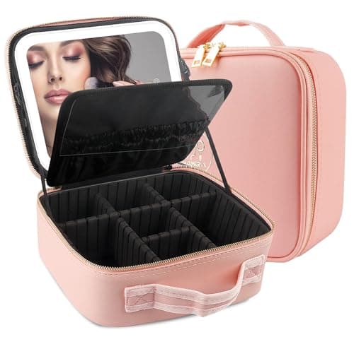 MOMIRA Makeup Train Case with Light & Mirror Large Cosmetic Organizer with Adjustable Dividers for Cosmetics,10X Magnifying Makeup Mirror,Pink - Image 1
