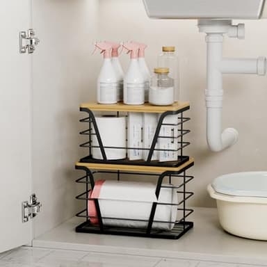 TIDIIABODE 2 Pack Stackable Storage Laundry Kitchen Organizers, Wall Mount Trash Bag Holder with Bamboo Top and Garbage Bag Dispenser No Drill - Image 5