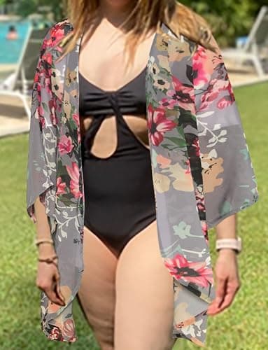 Women's Floral Print Puff Sleeve Kimono Cardigan Loose Cover Up Casual Blouse Tops (Dark Grey, S) - Image 2