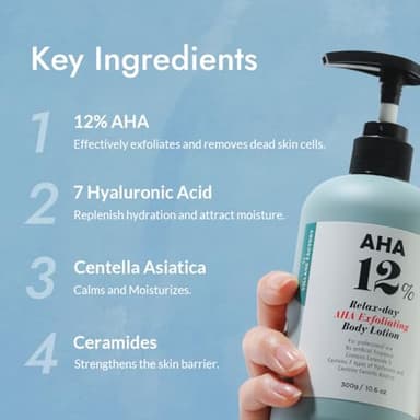 V11FACTORY AHA 12% Glycolic Acid Body Lotion – Korean Exfoliating & Hydrating Body Cream with Hyaluronic Acid & Collagen – Unscented, Paraben-Free Skin Smoothing Moisturizer, 10.6 oz - Image 3