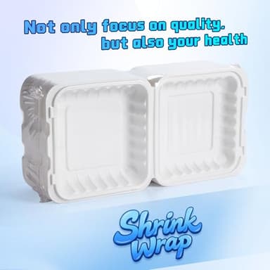 YANGRUI Food Containers 8 Inch 34 oz 55 Pack - Shrink Wrap BPA Free Mineral Filled PP Plastic Container | Reusable Freezer & Microwave Safe Meal Prep Takeout | White Heavy Duty Clamshell Lunch Boxes - Image 2