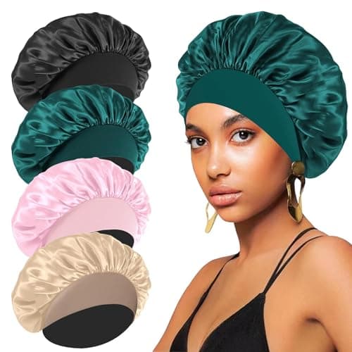 4PCS Silk Satin Bonnets for Black Women & Men - Elastic Wide Band Hair Wrap Cap for Curly Hair - Shower Cap for Sleeping (Black, Peacock Blue, Pink, Khaki) - Image 1