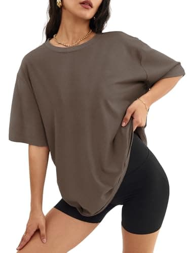 ATHMILE Oversized T Shirts for Women Loose Fit Crewneck Short Sleeve Tops Summer Casual Blouse Y2K 2025 Basic Tee Beach Brown - Image 1