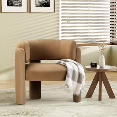COLAMY Modern Velvet Accent Chair, Upholstered Barrel Chair, Comfy Side Arm Chair with 3 Legs for Living Room, Bedroom, Reading, Khaki - Image 1