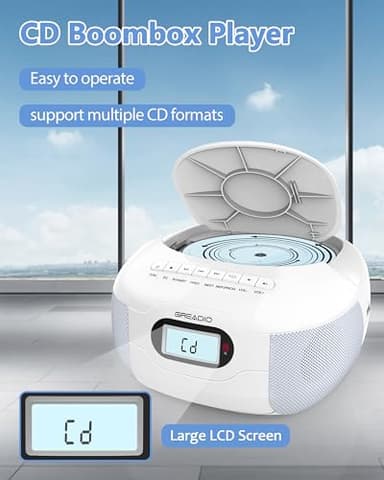 Greadio Boombox CD Player, Portable FM Radio CD Player with Bluetooth 5.1, LCD Display, AC Cord/Dry Battery Operation, TF/USB/AUX Port, Headphone Jack, CD-R/CD-RW Compatible for Home,Senior,Kids - Image 2