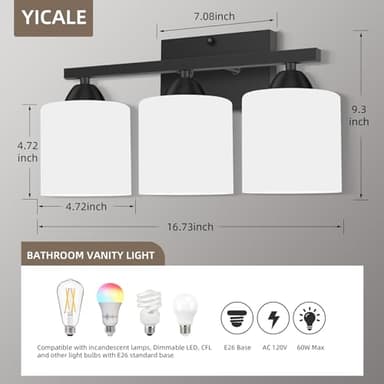 YICALE 3-Light Bathroom Vanity Light Fixture, Matte Black Bathroom Light Fixtures Over Mirror, Modern Vanity Wall Sconce Lighting for Bedroom, Milky White Glass Shade, E26 Base, Bulbs Not Included - Image 3