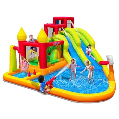 MIRUNAIR Inflatable Bounce House with Slides, Inflatable Water Slide for Kids Backyard, Bounce Water Prak with Air Blower, Splash Pool, Water Cannon, Climbing Wall, Outdoor Backyard Water Park - Image 1