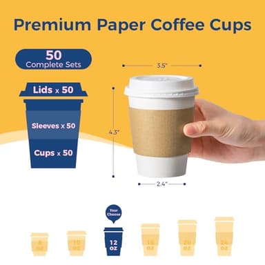 Fit Meal Prep 50 Pack 12 oz Disposable Coffee Cups with Lids, Sleeves, Leak-Proof To Go Coffee Cups with Lids, Durable Hot Paper Cups for Home, Office, Party, Business - Image 2
