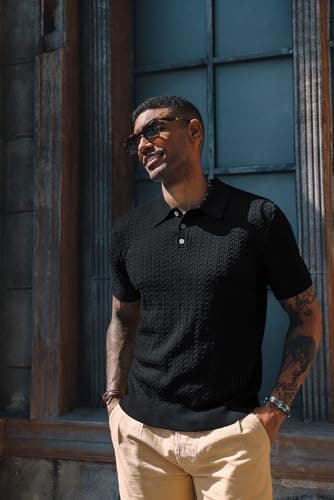 PJ PAUL JONES Mens Knit Polo Shirt Casual Short Sleeve Knit Polo Lightweight Textured Knitted Polo Black - Image 3