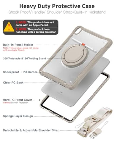 BRAECN for iPad (A16) 11th/10th Generation Case 11 inch 2025/10.9'' 2022 Handle Protective Cover 360 Rotating Ring Stand, Shockproof Dropproof Case for Kids Kickstand & Pencil Holder & Shoulder Strap - Image 3