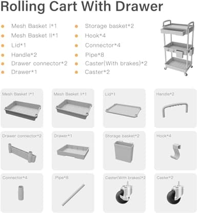 Sorgion 3 Tier Rolling Cart Organizer,Laundry Room Bathroom Organizers and Storage Office Shelves Mobile Shelving Unit Kitchen Trolley Cart with Wheels for Art,Craft,Diaper,Bedside,Snack(Grey) - Image 7