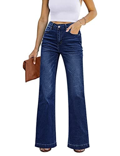 GRAPENT Womens Plus Size Stretch High Waisted Flare Ripped Jeans, 70s Outfits, Jeans Size 12, Wide Leg Pants Color Deep Blue, Size 14. - Image 1