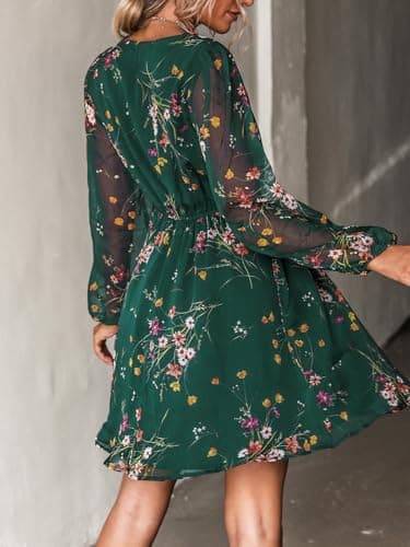 CUPSHE Women's Mini Dress Floral Print V Neck Long Peasant Sleeves Chiffon A-Line Flowy Short Dress Green, M - Image 2