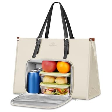 MATEIN Laptop Tote Bag for Women, 15.6 Inch Laptop Commuter Tote Insulated Lunch Bag, Waterproof PU Leather Work Purse with lunch Box compartment for Work Business Picnic Teacher Casual Office, Beige - Image 9
