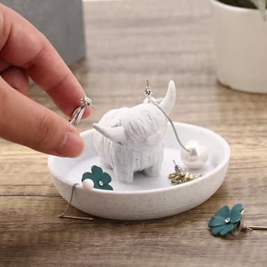 Awsaccy Highland Cow Ring Holder with Circular Dish, Plastic Farmhouse & Bohemian Style Marble Cute Unique Women Gifts Stuff Ring Jewelry Plate Organizer for Bathroom Office Home Room Desk Decor - Image 2