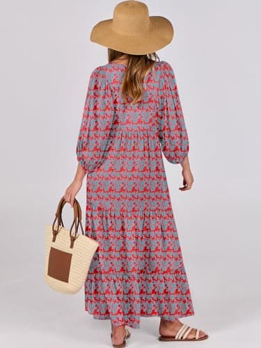 ANRABESS Womens Boho Maxi Dresses 2025 Summer V Neck Puff Sleeve Floral Flowy Swing Fall Casual Long Dress Red Blue Small - Image 4