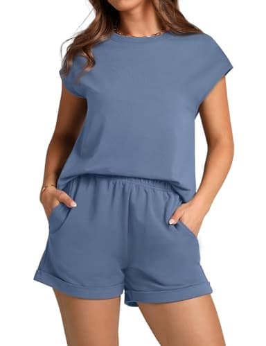 WIHOLL Summer Outfits for Women 2025 Trendy Cap Sleeve Tops Plus Size Petite Lounge Sets Spring Comfy Travel Matching Sets Clothing Conjuntos De 2 Piezas Para Mujer Blue L - Image 2