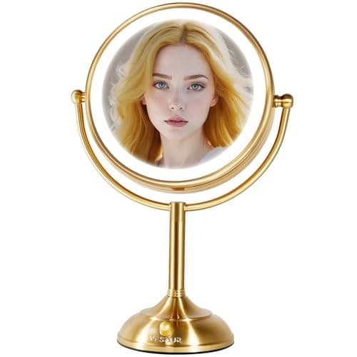 VESAUR 8.5'' Large Gold Lighted Makeup Mirror, 1X/10X Clear Seamless Magnifying Mirror, Bright Vanity Mirror with 3 Colors Dimmable Lights, Two-Sided 360°Rotation Stable Base, Luxury Nickel, Gift Box - Image 1