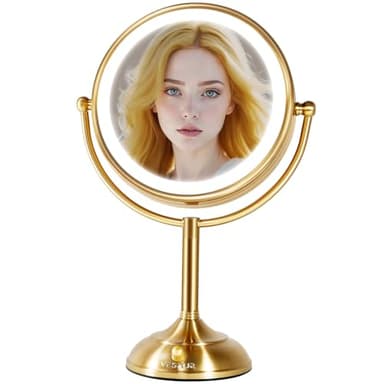 VESAUR 8.5'' Large Gold Lighted Makeup Mirror, 1X/10X Clear Seamless Magnifying Mirror, Bright Vanity Mirror with 3 Colors Dimmable Lights, Two-Sided 360°Rotation Stable Base, Luxury Nickel, Gift Box - Image 1