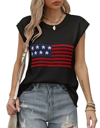 Allifewithu Women's Cap Sleeve Top Crew Neck Summer Sweater Vest American Flag Lightweight Sweaters Tops Black X-Large - Image 1