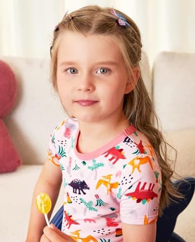 babee Reshinee Bamboo Viscose Toddler Girls Kids Pajama Sets Short Summer Cool Snug fit Sleepwear Pjs 2pcs Set 4-5Y Pink Dino - Image 8