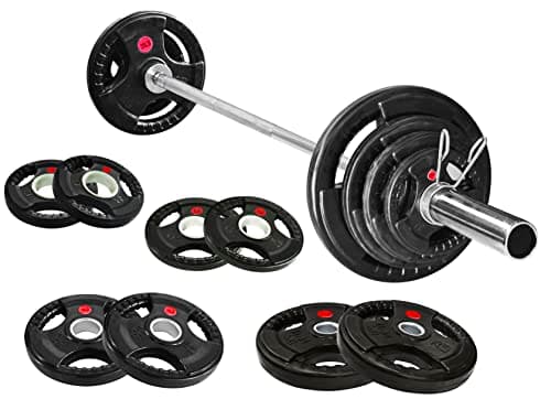 Fitvids Olympic Cast Iron 2-Inch Weight Plates Including 5FT Olympic Barbell Bar & Safely Locks, 100 Pounds Set (85 Lbs Plates + 15 Lbs Barbell Bar), Multiple Packages - Image 1
