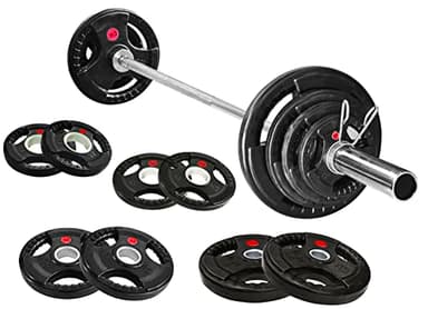 Fitvids Olympic Cast Iron 2-Inch Weight Plates Including 5FT Olympic Barbell Bar & Safely Locks, 100 Pounds Set (85 Lbs Plates + 15 Lbs Barbell Bar), Multiple Packages - Image 1