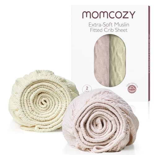 Momcozy Muslin Fitted Mini Crib Sheets, 38"x26", 2 Pack Soft Breathable Natural Cotton Baby Mattress Sheet, 360° Mattress Wrapping No Slip Boys Girls Neutral Toddler Bed Sheet, Beige Blush - Image 1