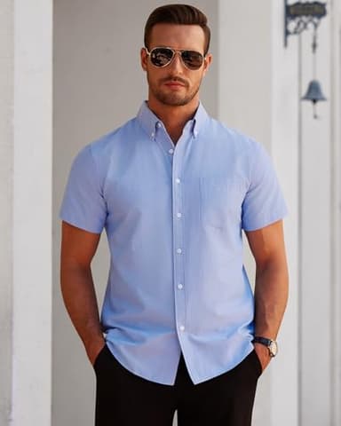 Alimens & Gentle Mens Short Sleeve Oxford Shirt Regular Fit Button Down Collar Shirts with Pocket Light Blue - Image 4