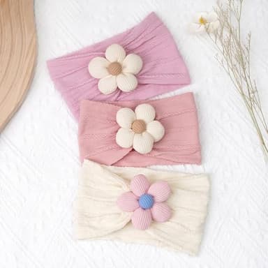 CÉLLOT 3 Pcs Baby Girl Headbands with Flower Nylon Headbands Soft Stretchy Headwear Hair Accessories for Newborn Infant Toddler Kids (Pink Beige Salmon) - Image 6