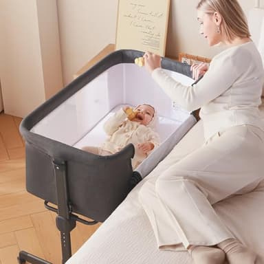 Larex Baby Bassinet, 3 in 1 Bassinets Bedside Sleeper for Newborn, Portable Crib Adjustable 7 Height Bedside Bassinet with Mattress and Wheels Dark Grey - Image 1