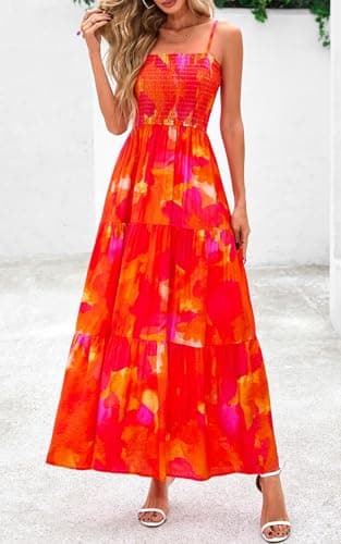 PRETTYGARDEN Summer Dresses for Women 2025 Spaghetti Strap Floral Maxi Dress Sleeveless Smocked Tiered Long Beach Sundress (Orange Red Flower,XXL) - Image 5