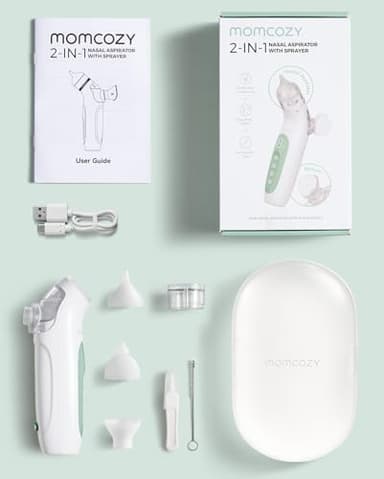 Momcozy BreezyClear™ 2-in-1 Electric Nasal Aspirator for Baby with Spray, 65kPa Hospital-Grade Suction, 4 Adjustable Levels, Quiet & Portable Nose Cleaner with Soothing Light & Music - Image 9