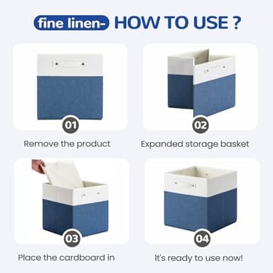 VQRTEXA 13 x 13 Inch Fabric Storage Cube Bins, 6 Pack Fine Linen Storage Boxes with Handles, Collapsible Basket Organizers for Shelves (White/Blue) - Image 4