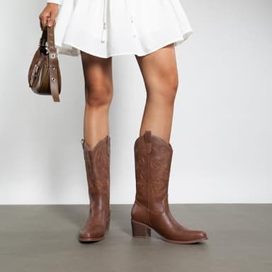 DREAM PAIRS Cowboy Boots for Women Cowgirl Western Boots Fashion Embroidery Stitched Chunky Heel Mid Calf Boots,Size 7,Brown-Pu,DWUMMB2504 - Image 7