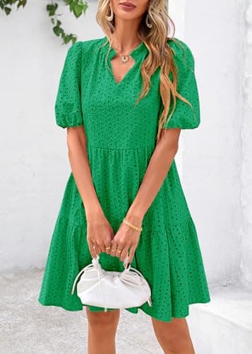 KIRUNDO Eyelet Summer Dresses for Women 2025 Mini Casual Hollow Out Short Sleeve Lace Tiered V Neck Shift Dress Pockets(Green, Medium) - Image 3